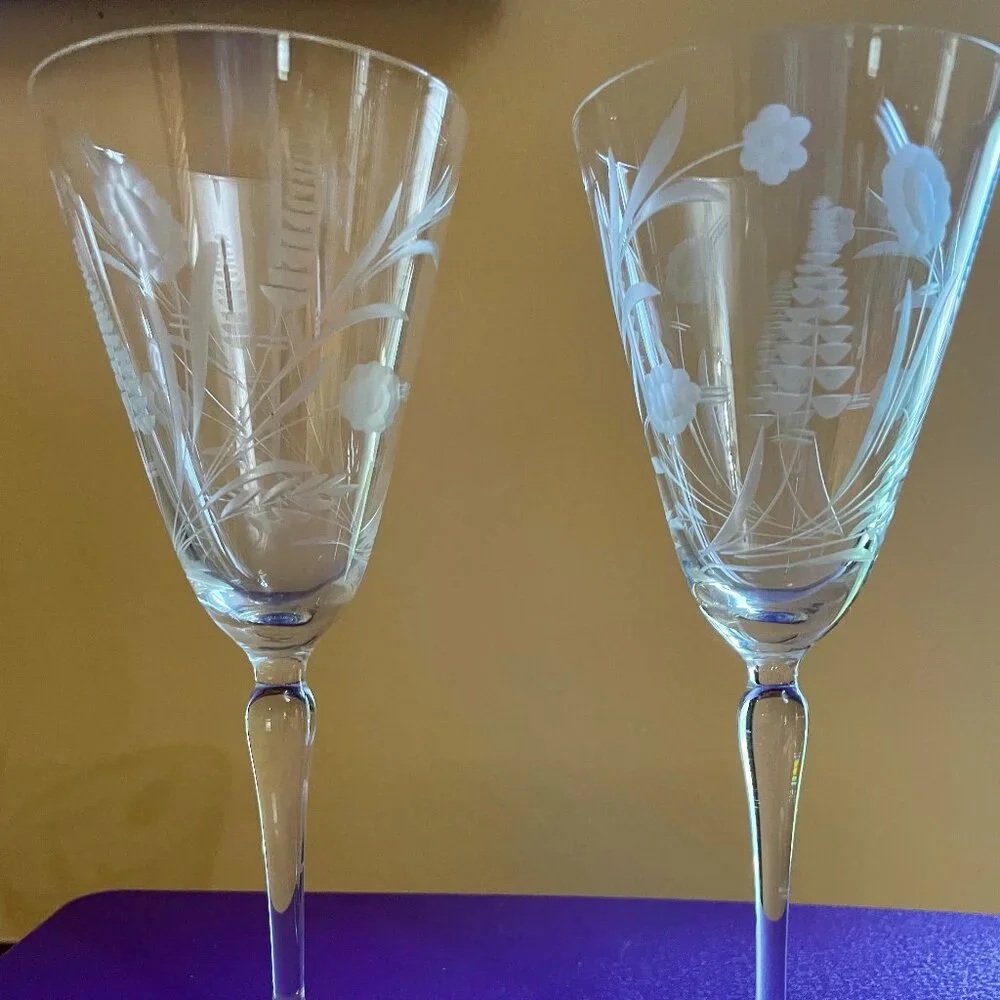 Vintage etched wine or water goblets.